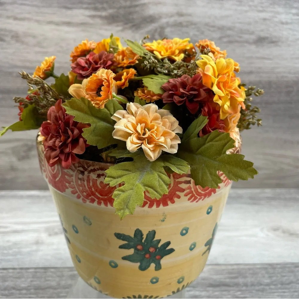 Flower Pot With Faux Flower Arrangement Made In Italy Hand Painted